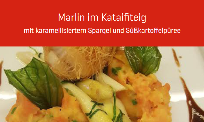 Marlin im Kataifiteig mit karamellisiertem Spargel und Süßkartoffelpüree