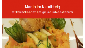 Marlin im Kataifiteig mit karamellisiertem Spargel und Süßkartoffelpüree